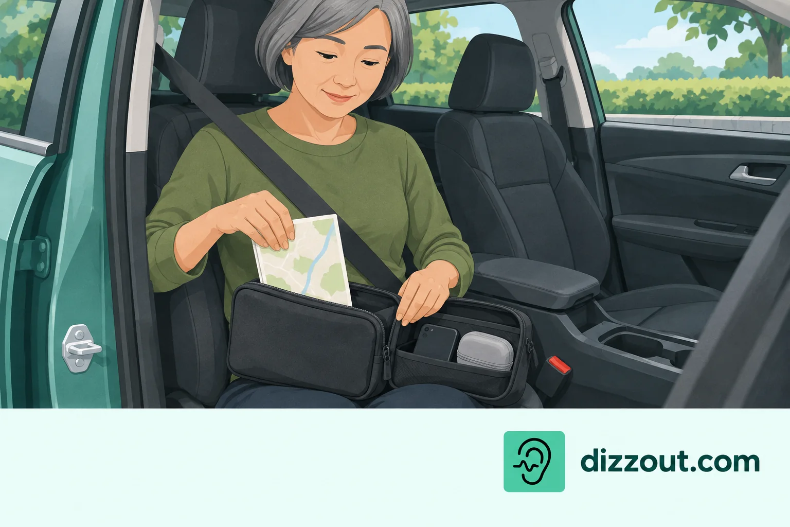 Parked passenger puts a folded paper map into an open lap-held pouch beside their audio kit.