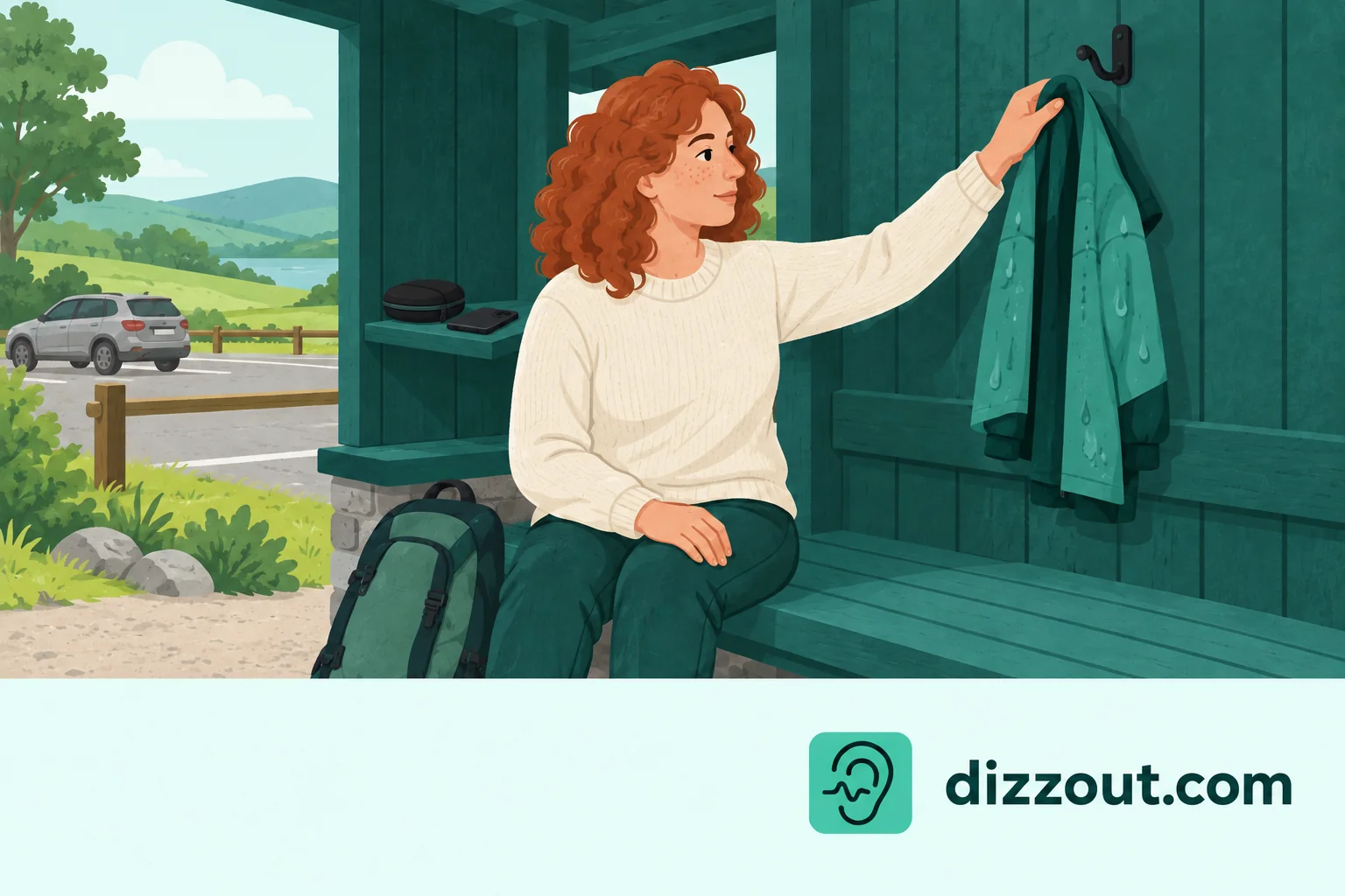 Adult hangs a damp jacket away from a phone and headphone case at a sheltered off-road rest bench.