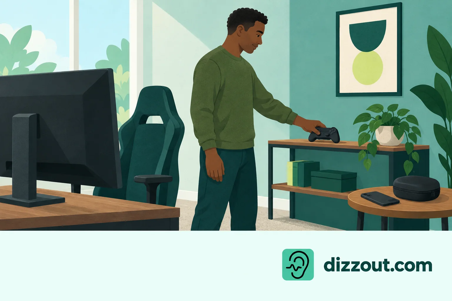 Adult player places a controller on a shelf beside an idle gaming station.