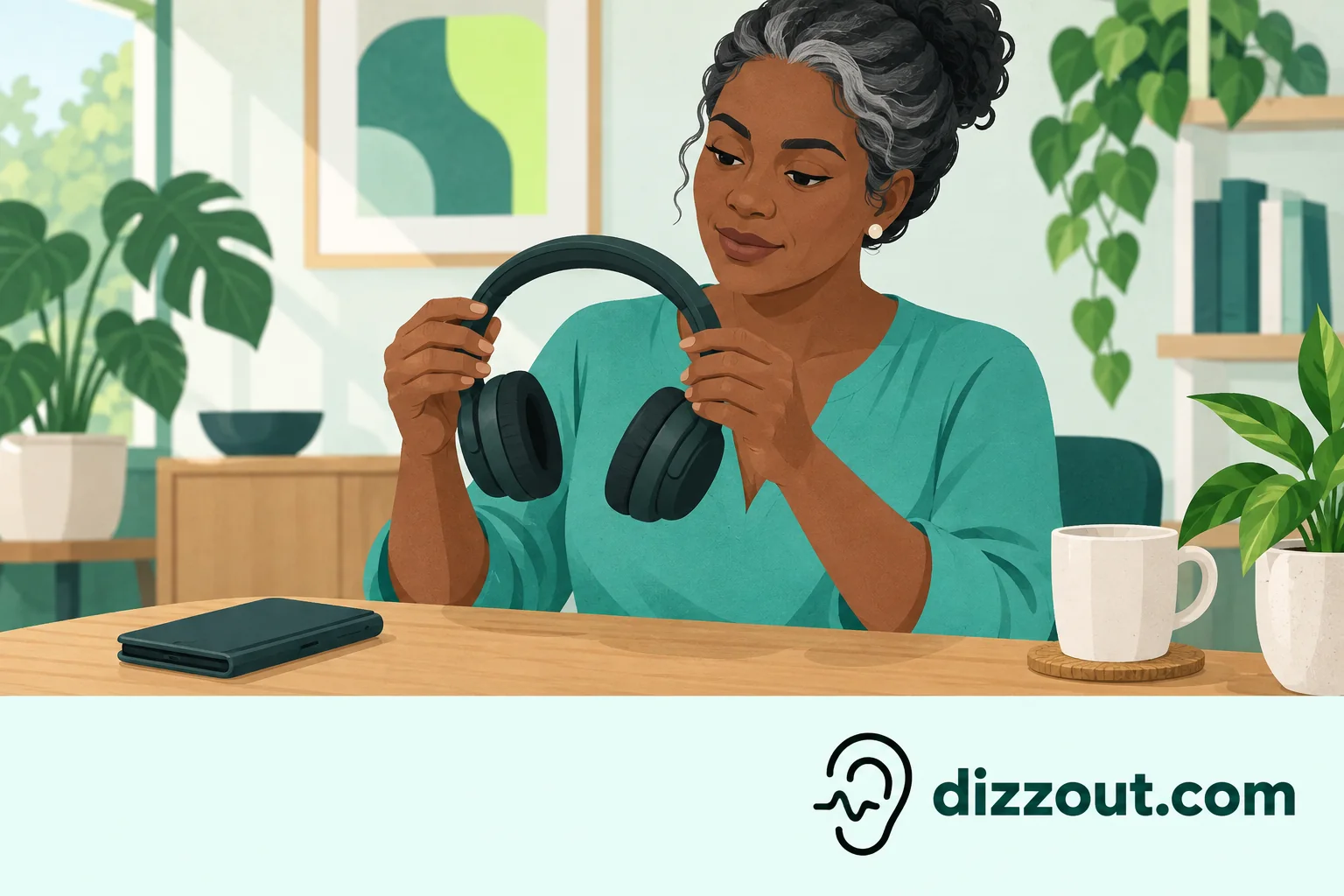 Adult adjusts ordinary headphones above a home table with a phone in a closed folio cover.