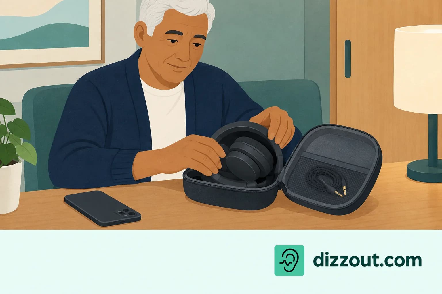 Seated cabin traveler folds ordinary headphones into an open case with the lead in a separate pocket.