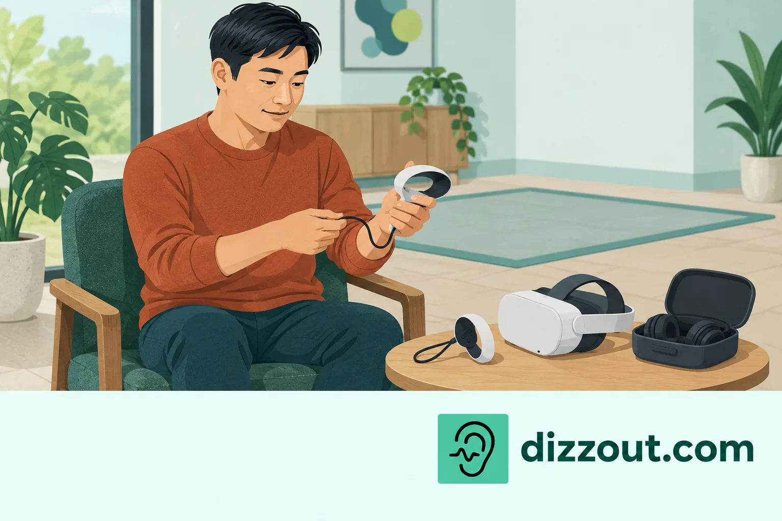 Adult seated outside a clear play area removes a controller wrist loop beside a fully removed VR headset.