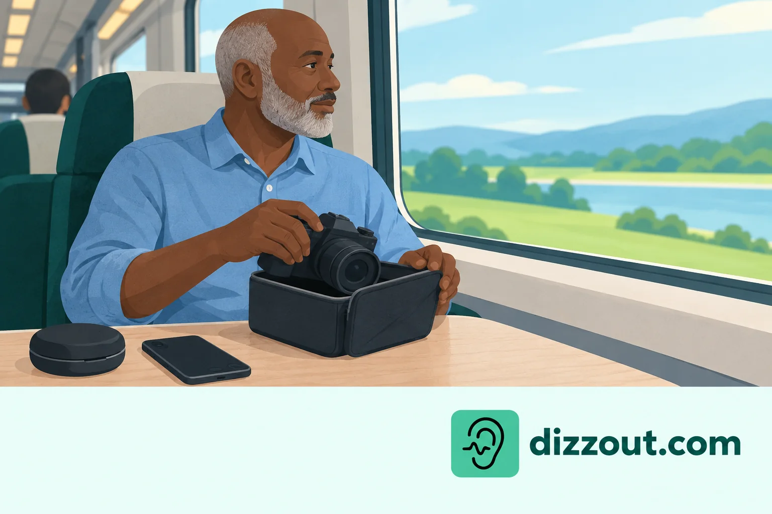 Train passenger lowers a camera into its case and looks through the window, with a headphone case nearby.
