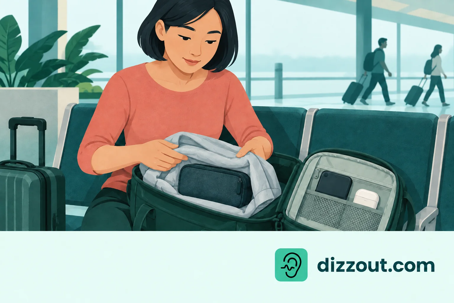 Seated terminal traveler folds a light jacket into a bag while phone and earbud case remain in a separate pocket.