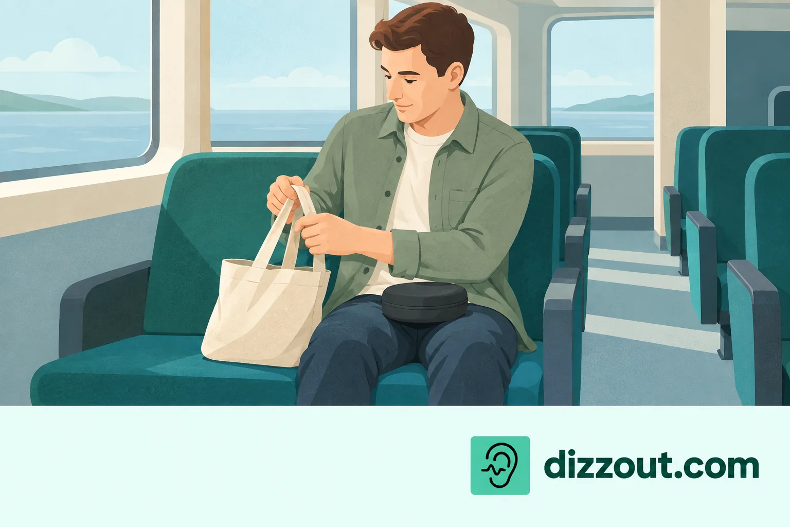 Seated ferry passenger gathers tote handles within their seat space, with a headphone case on their lap.