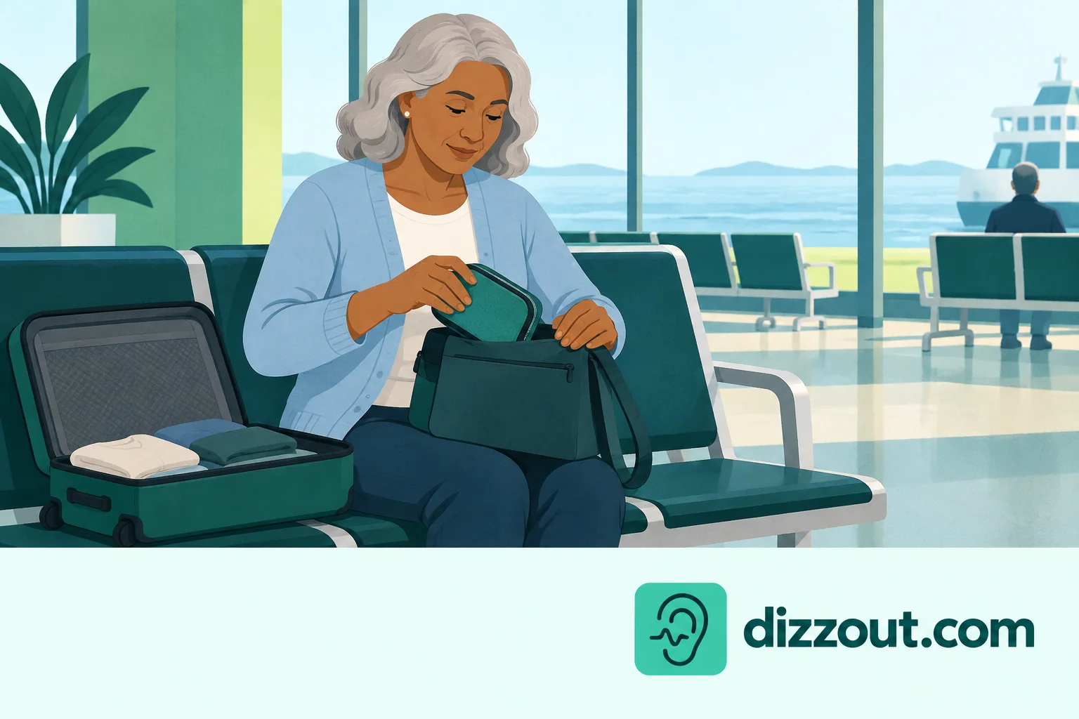 Seated terminal traveler transfers a closed audio pouch from a suitcase into a lap-held personal bag.