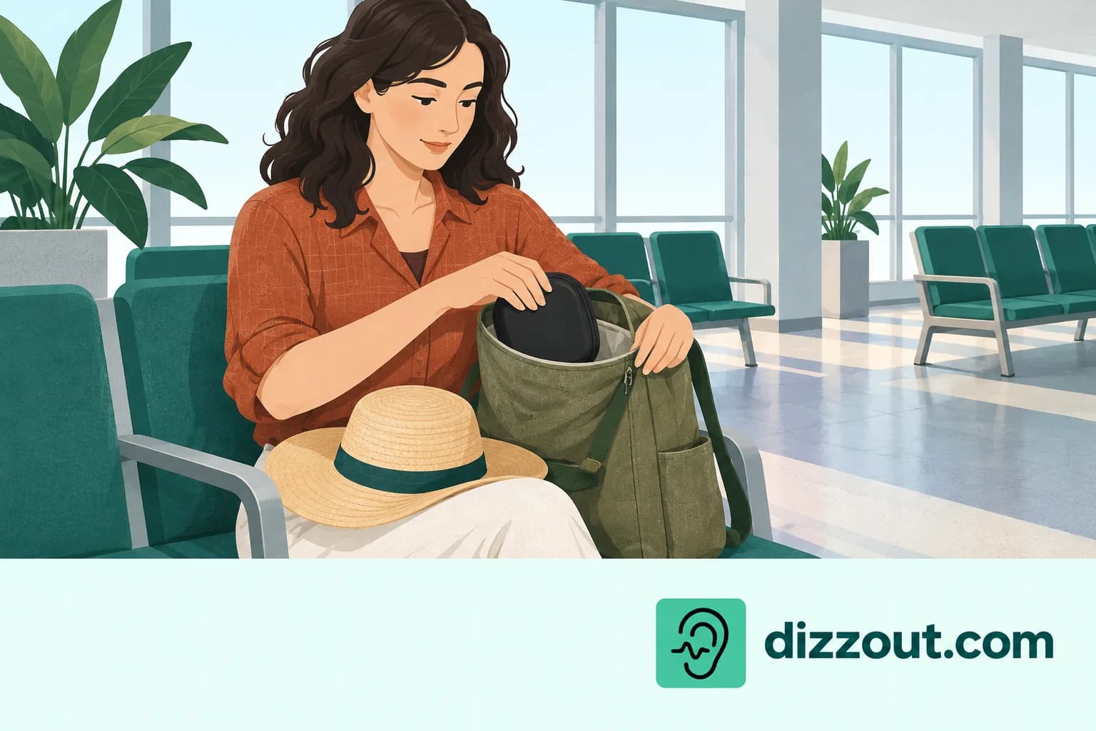 Seated terminal traveler places a headphone case in an inside bag pocket, with a sunhat on their lap.