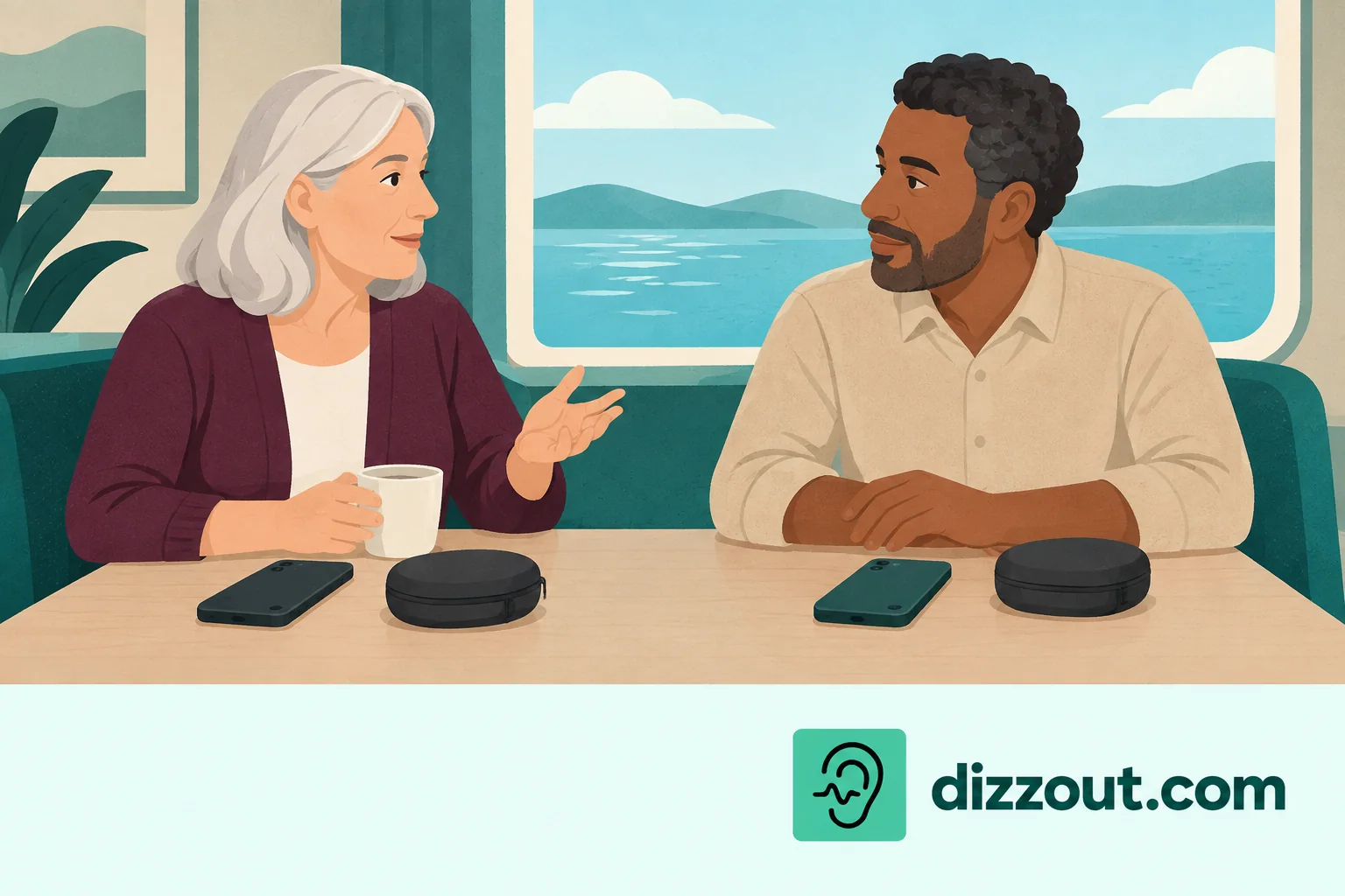Two adult cabin travelers sit with face-down phones and separate closed headphone cases at a fixed table.