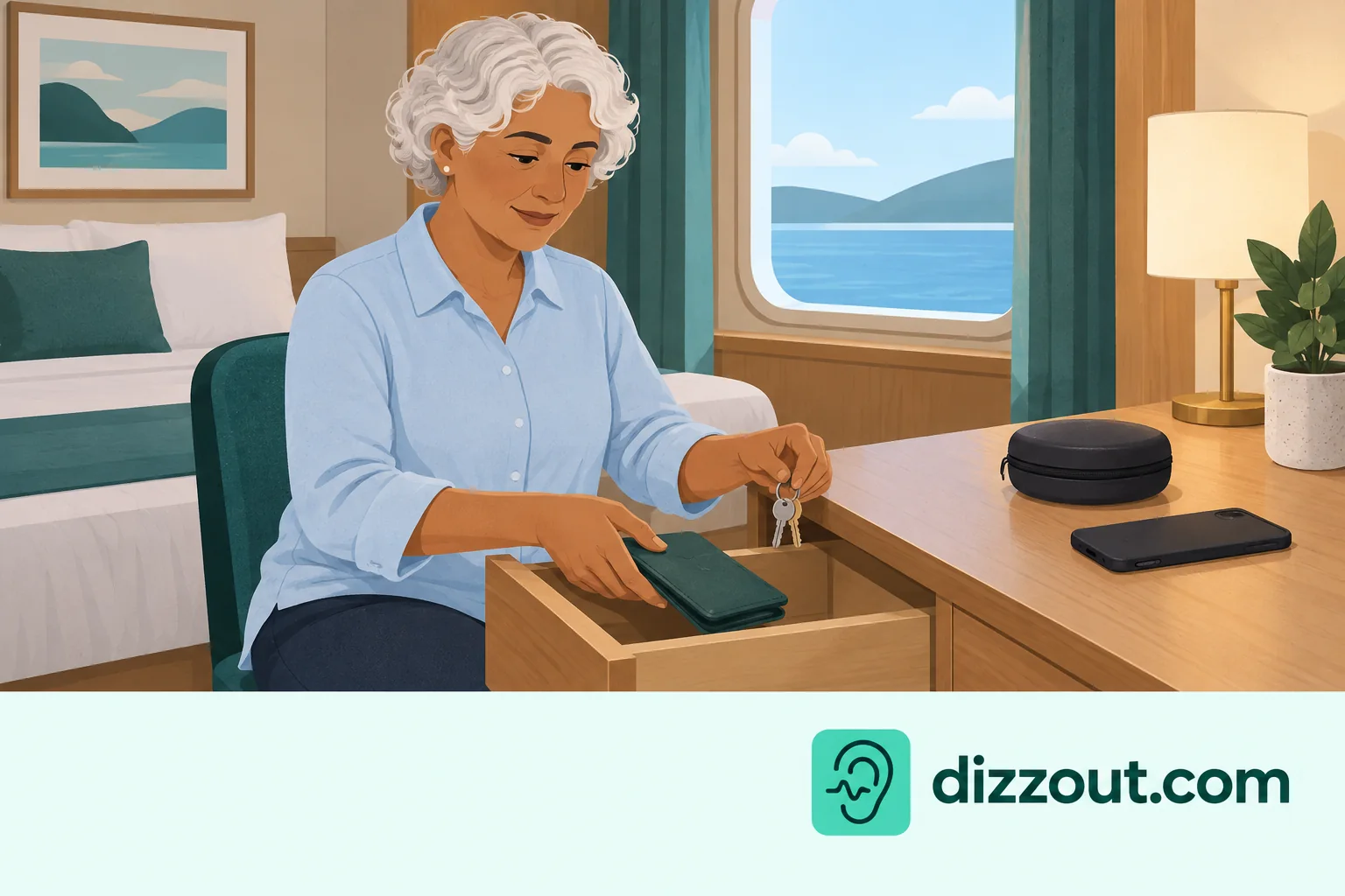 Seated cabin traveler stores a closed ticket wallet and keys in a drawer beside a clear audio setup space.