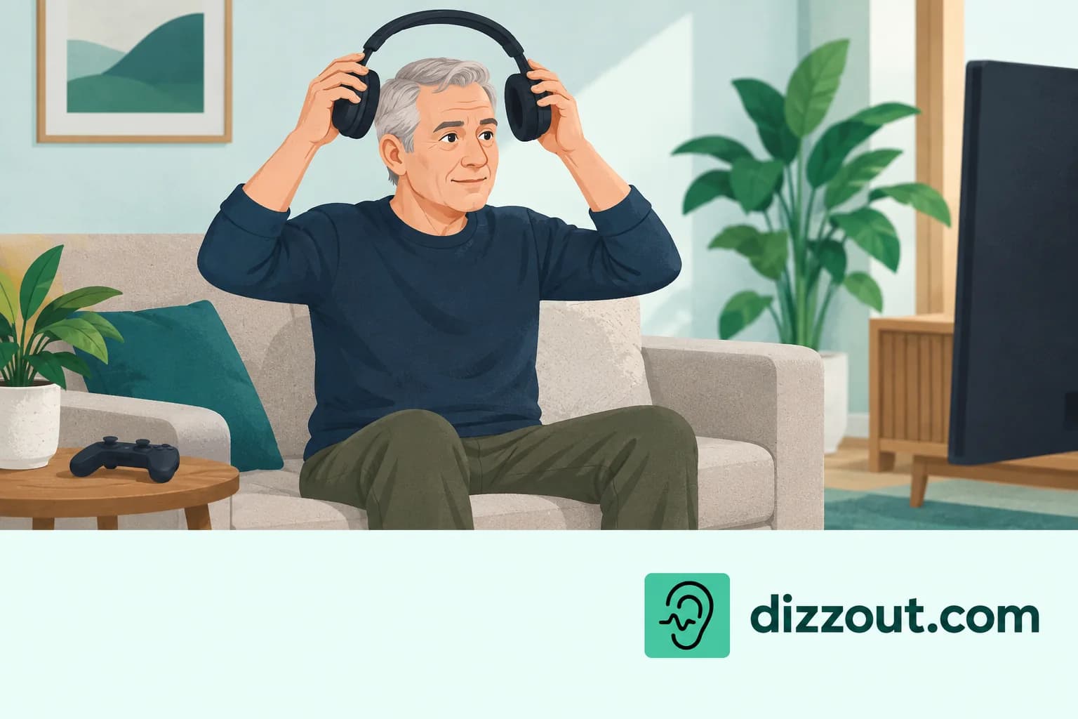 Adult player lifts headphones off their ears while a controller rests on the sofa side table.