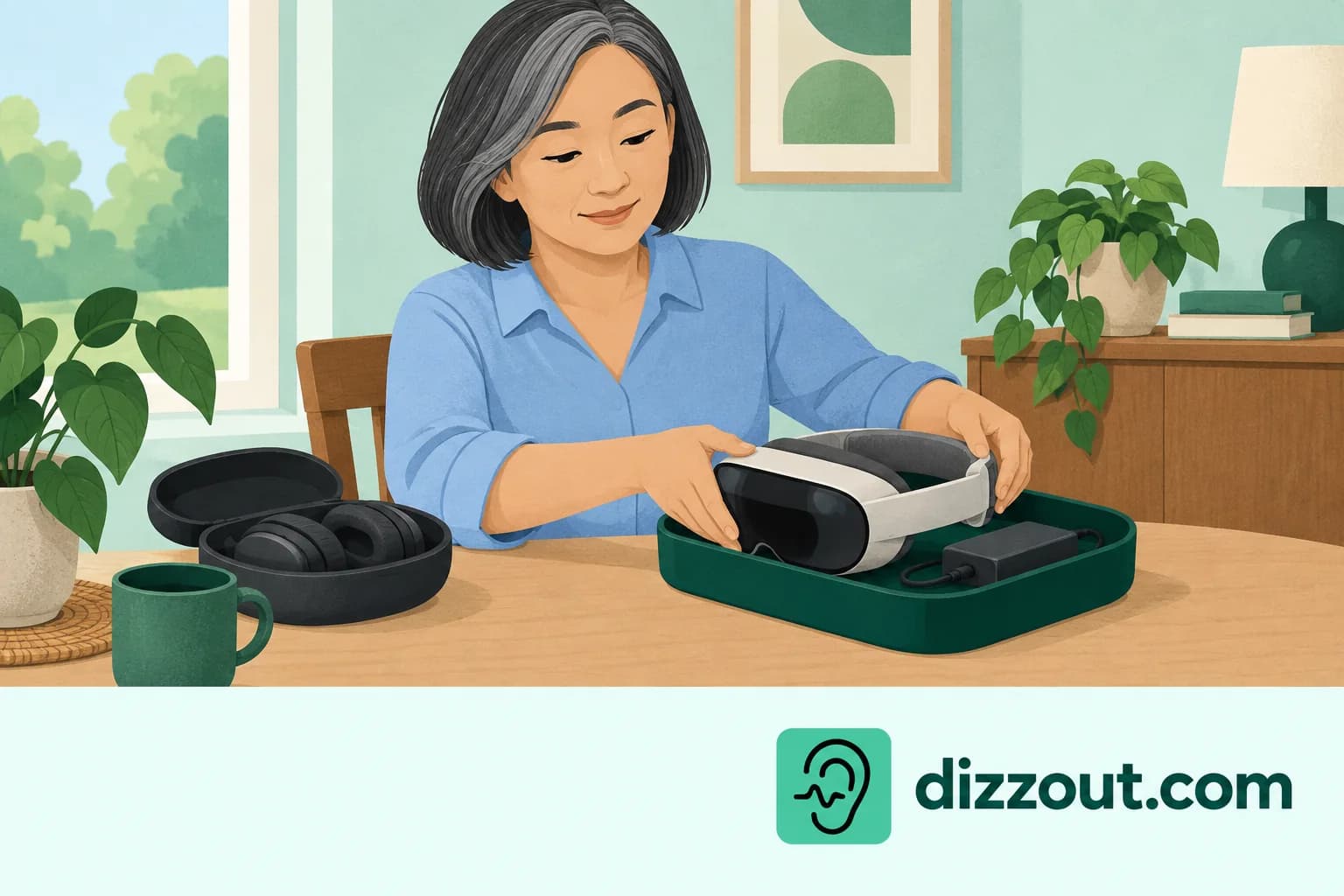 Adult places a removed headset and connected small battery in a stable tray with the cable contained.