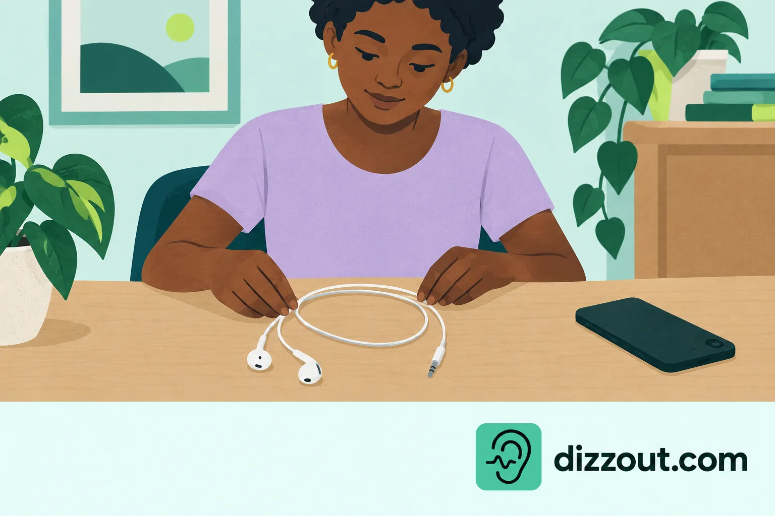 Adult gathers wired earphones into a loose loop beside a face-down phone.