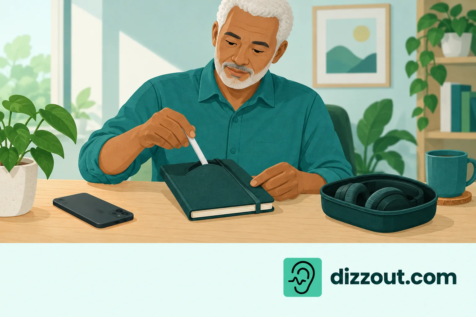 Adult stores a stylus in a notebook pouch beside a face-down phone and unworn headphones.