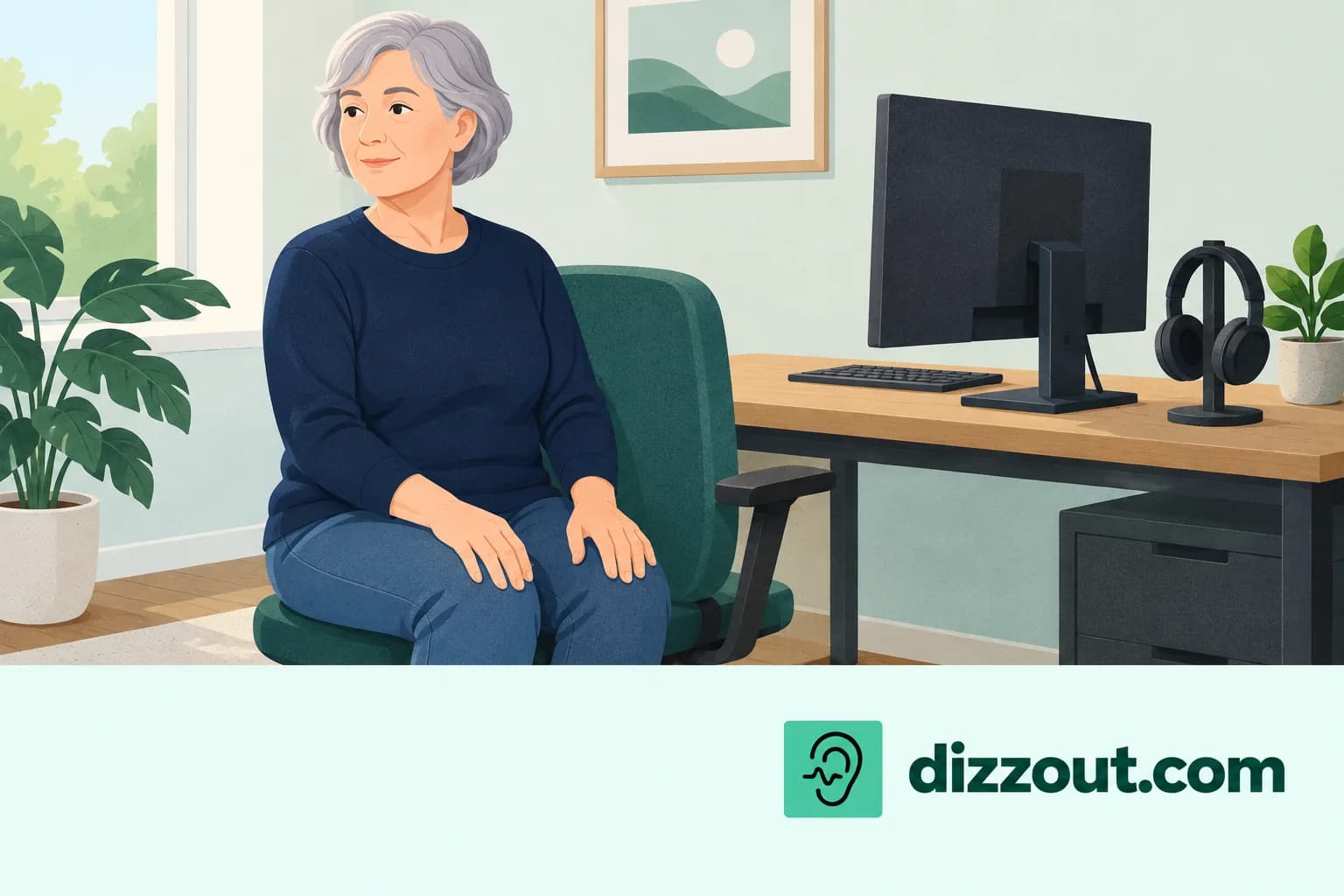 Adult player turns away from the desk and rests both hands on their knees, with headphones on a stand.