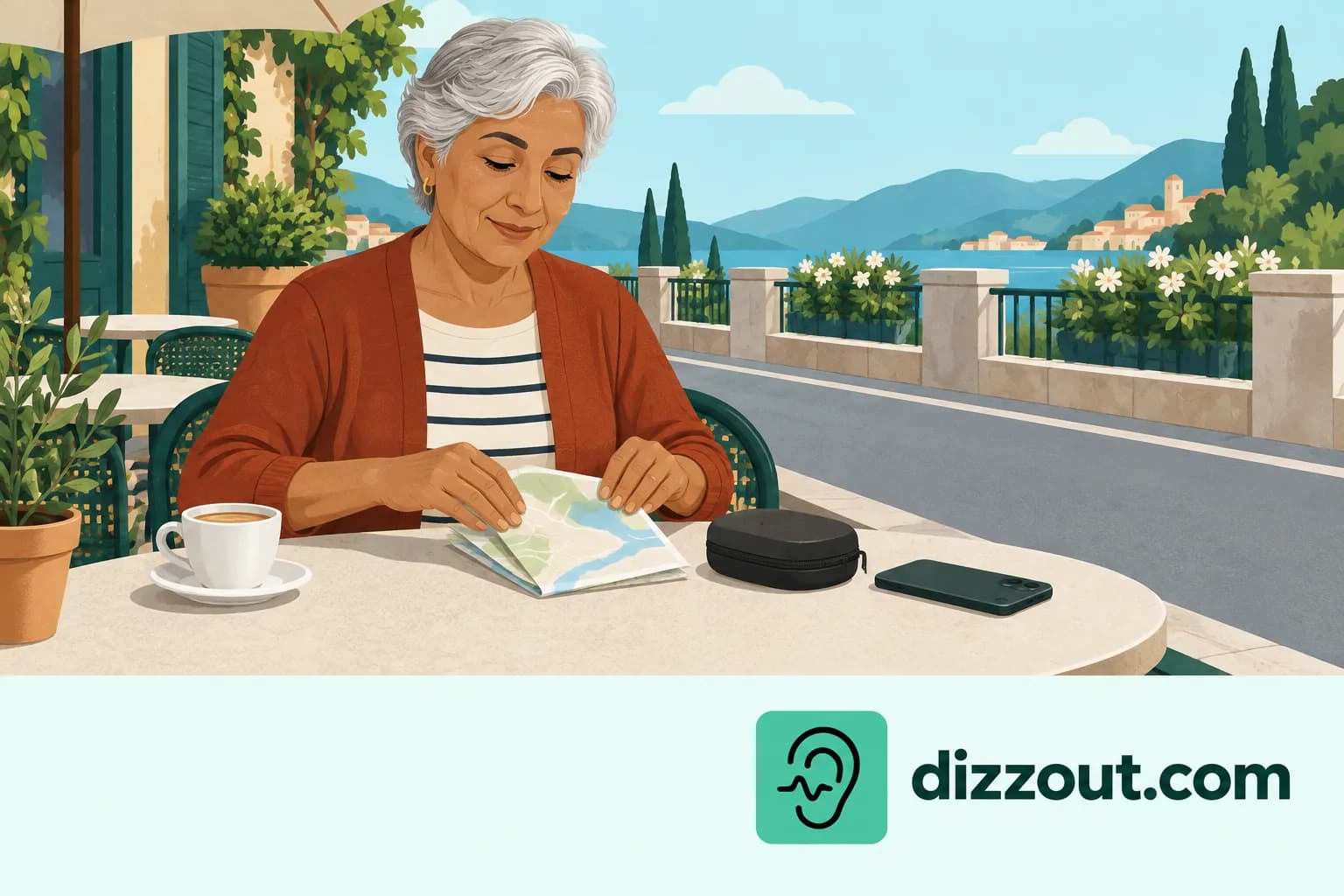 Adult folds a map at a cafe table beside a face-down phone and closed headphone case.