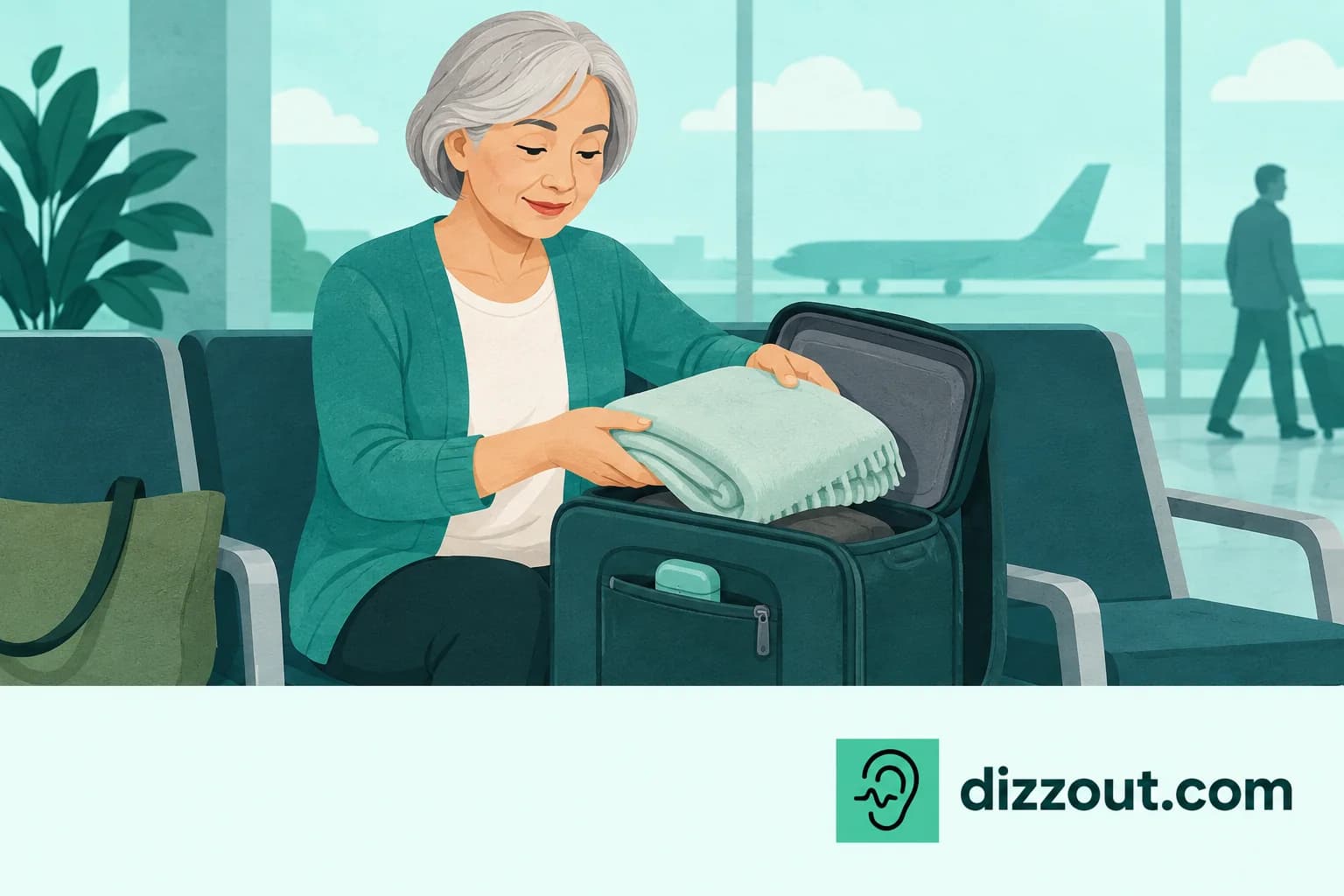 Seated gate traveler packs a folded blanket into a carry-on with an earbud case in an outer pocket.