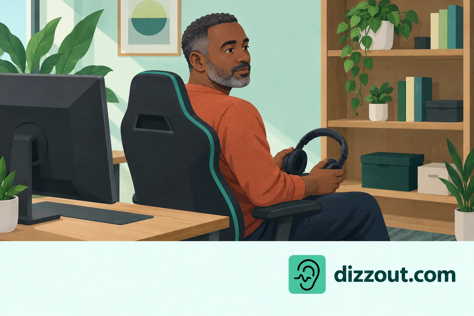 Adult player holds removed headphones while turning away from a wide monitor toward a plain bookshelf.