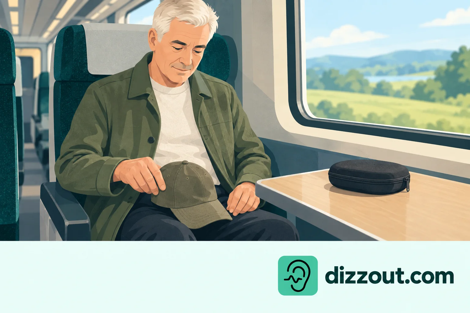 Seated train passenger lowers an outdoor cap onto their lap beside a closed headphone case.