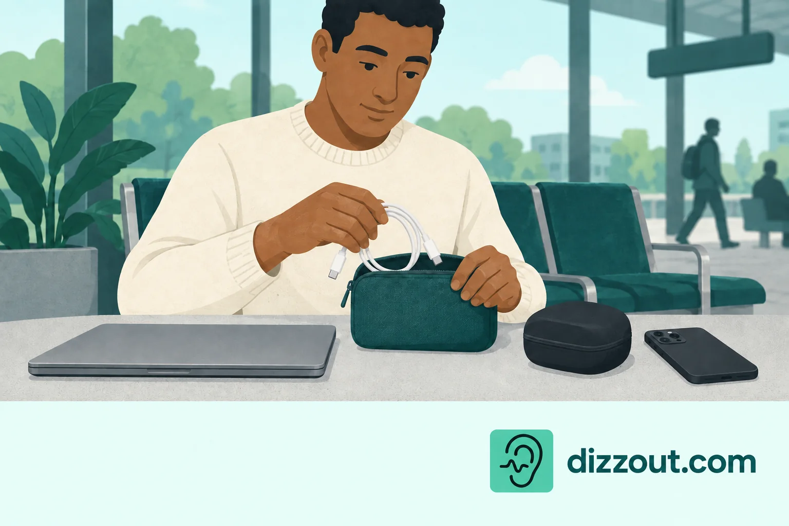 Seated station traveler packs a disconnected laptop lead beside a closed laptop and separate headphone case.