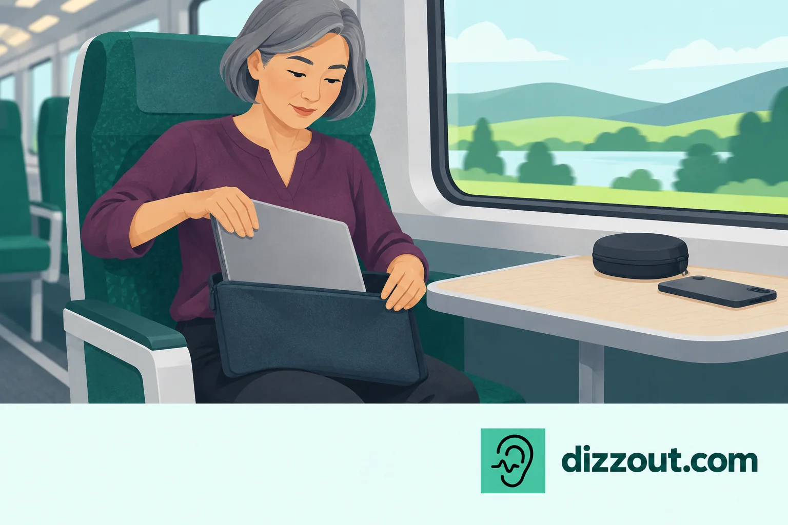 Train passenger slides a closed laptop into a lap-held sleeve, leaving a phone and headphone case on the table.