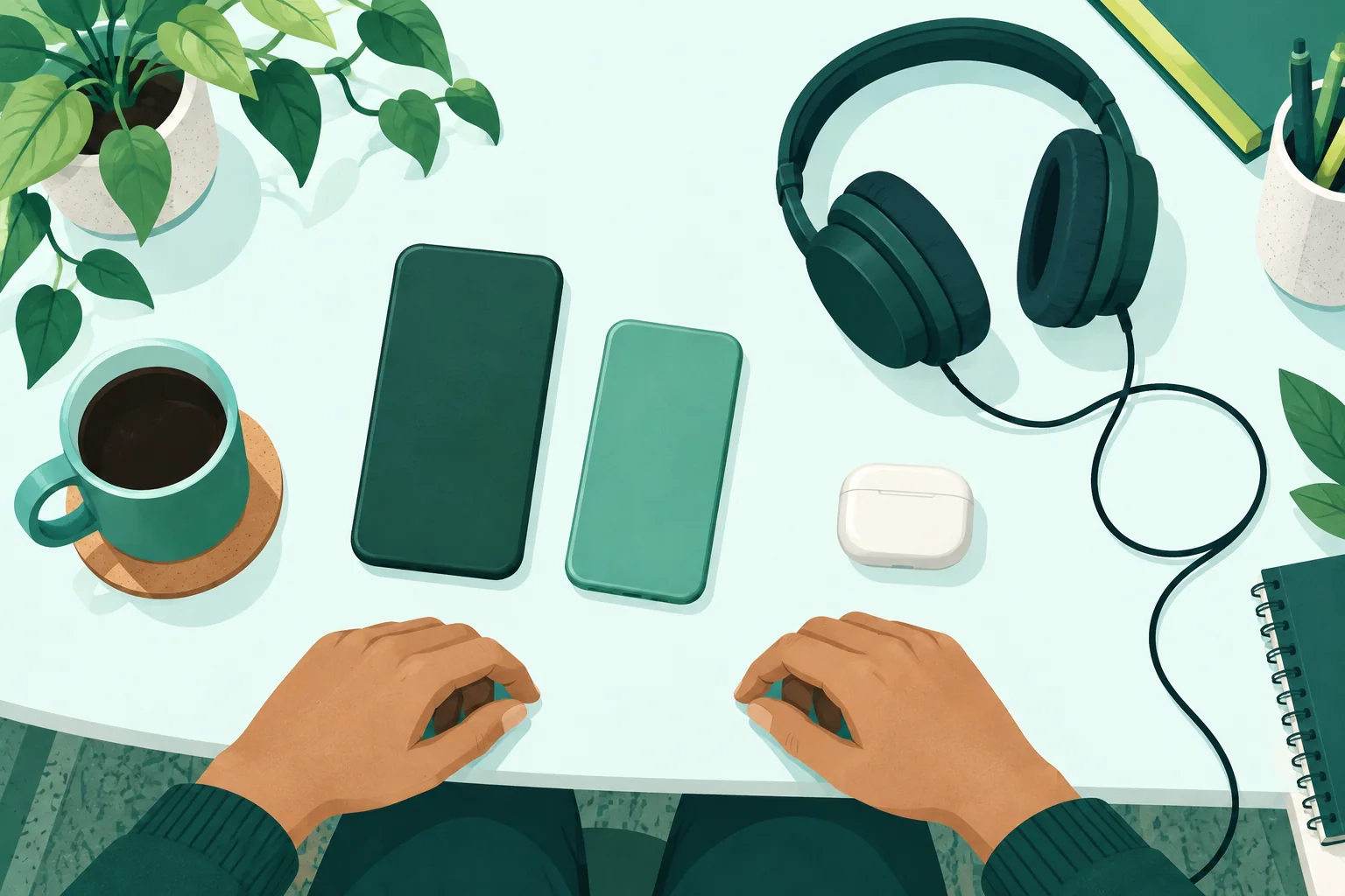 Two generic phones beside wired headphones and a wireless earbud case on an adult worktable.