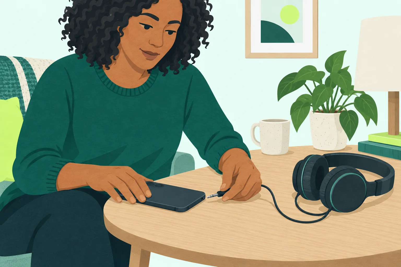 Adult at a home table holding one headphone plug beside a phone's audio socket.