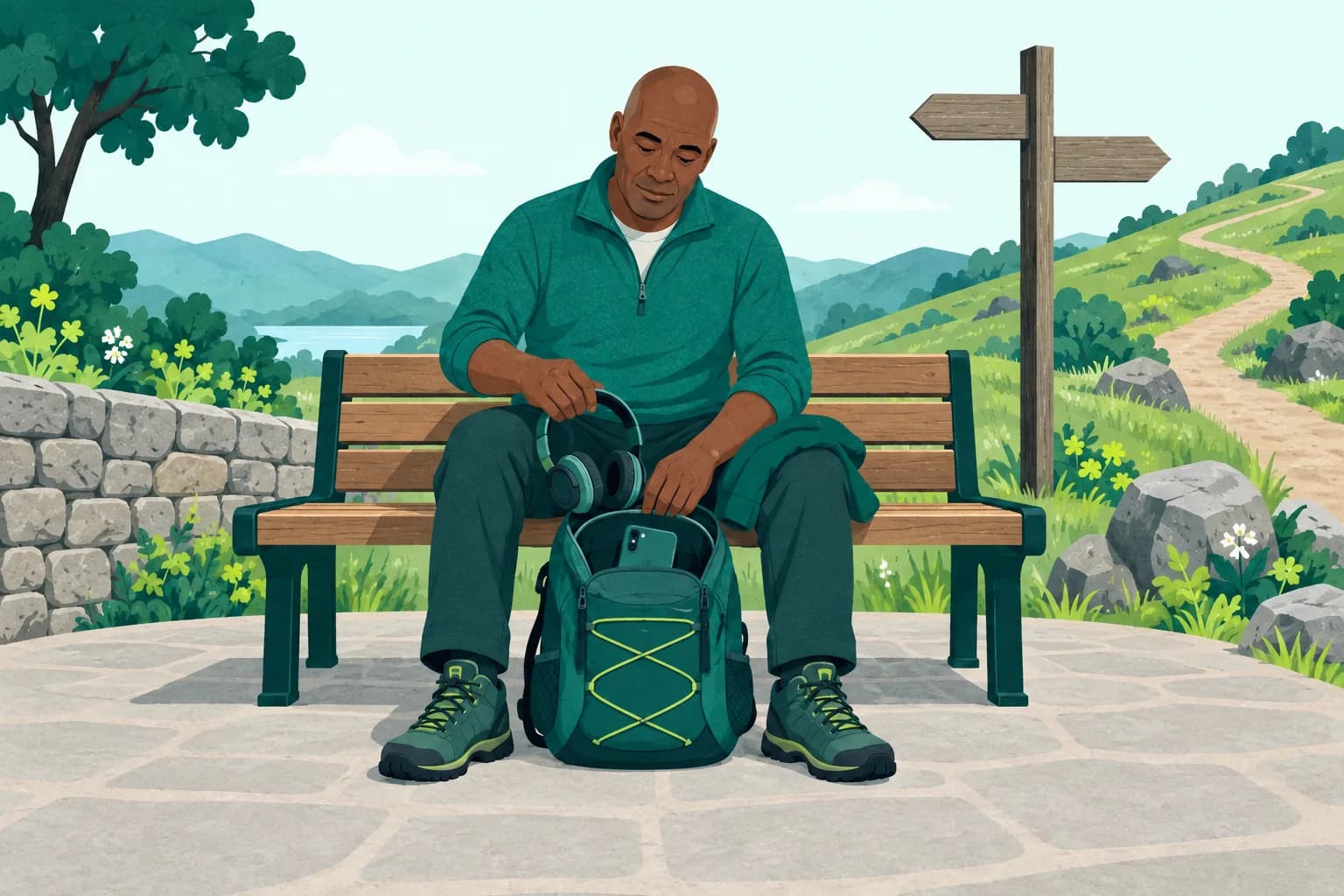 Adult seated on a level garden bench holding headphones above a daybag, with a phone in the bag.