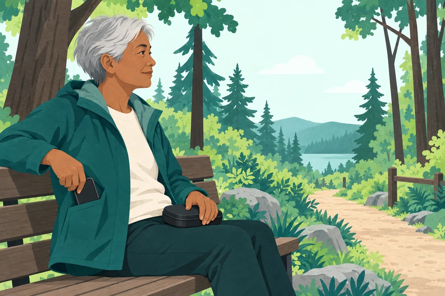 Older adult on a woodland bench storing a phone in a jacket pocket with a headphone case on their lap.