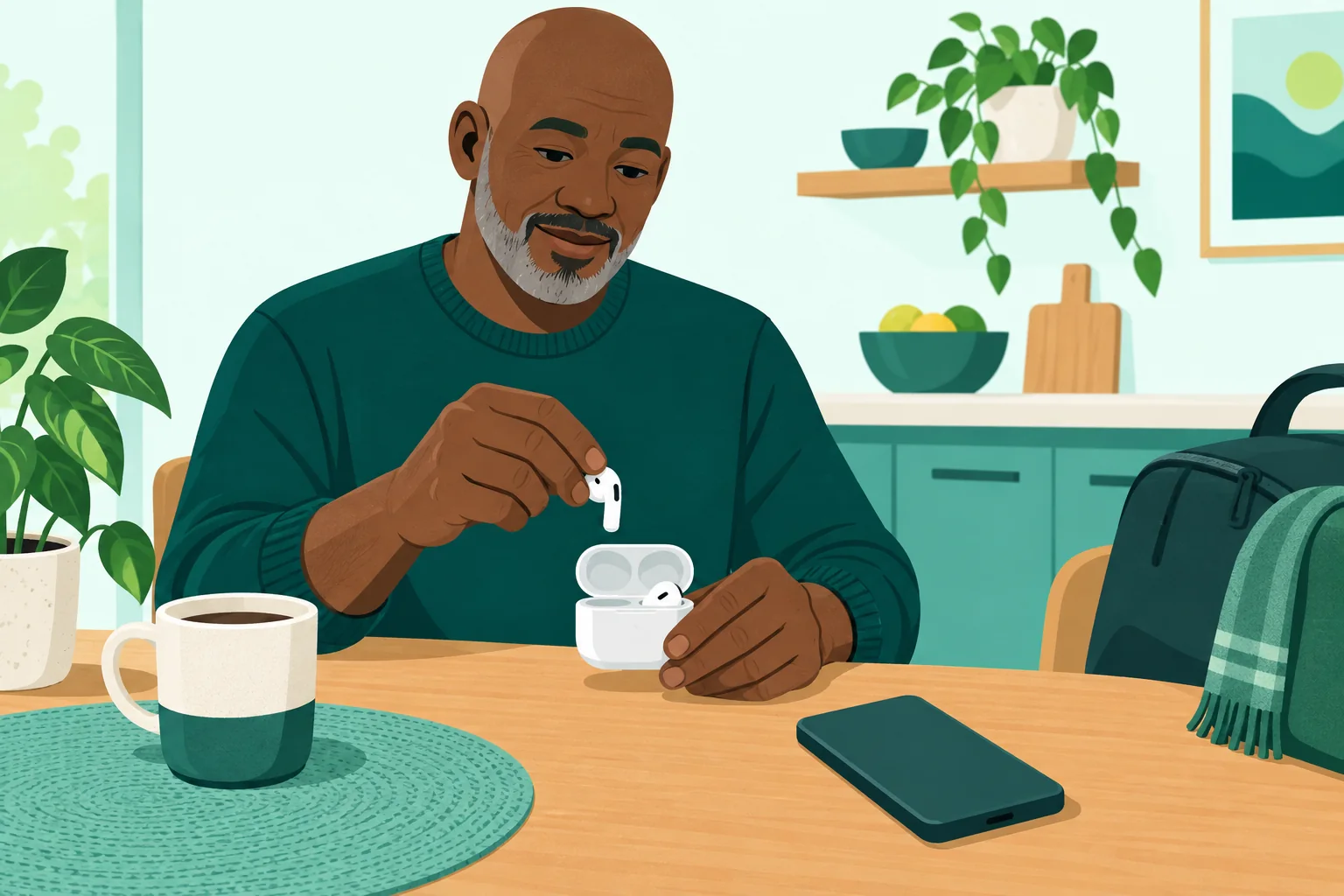 Adult at a kitchen table holding one wireless earbud above an open case, with the other inside and a phone nearby.