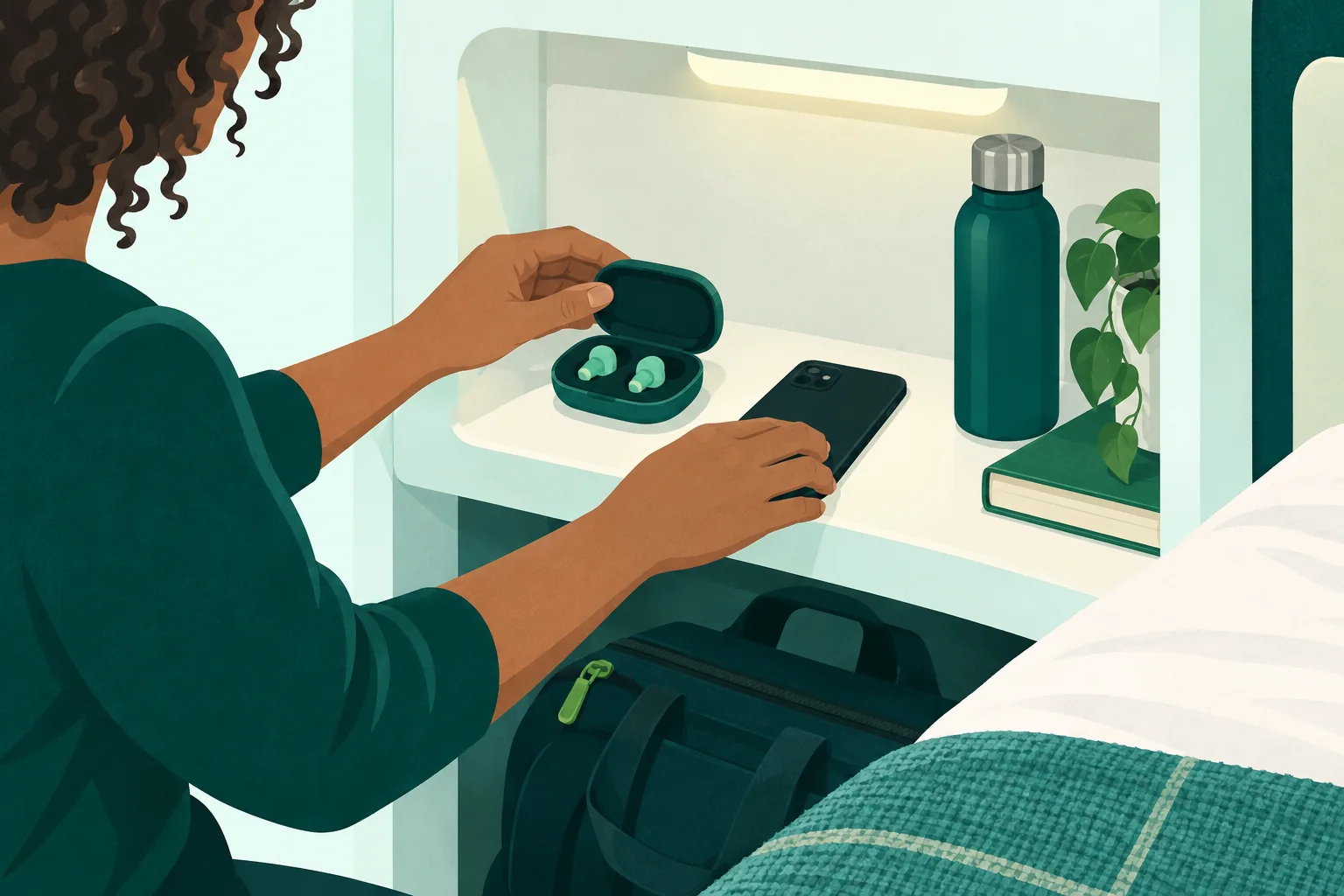 Adult hands arranging a phone and open earbud case on a fixed ferry-cabin shelf.