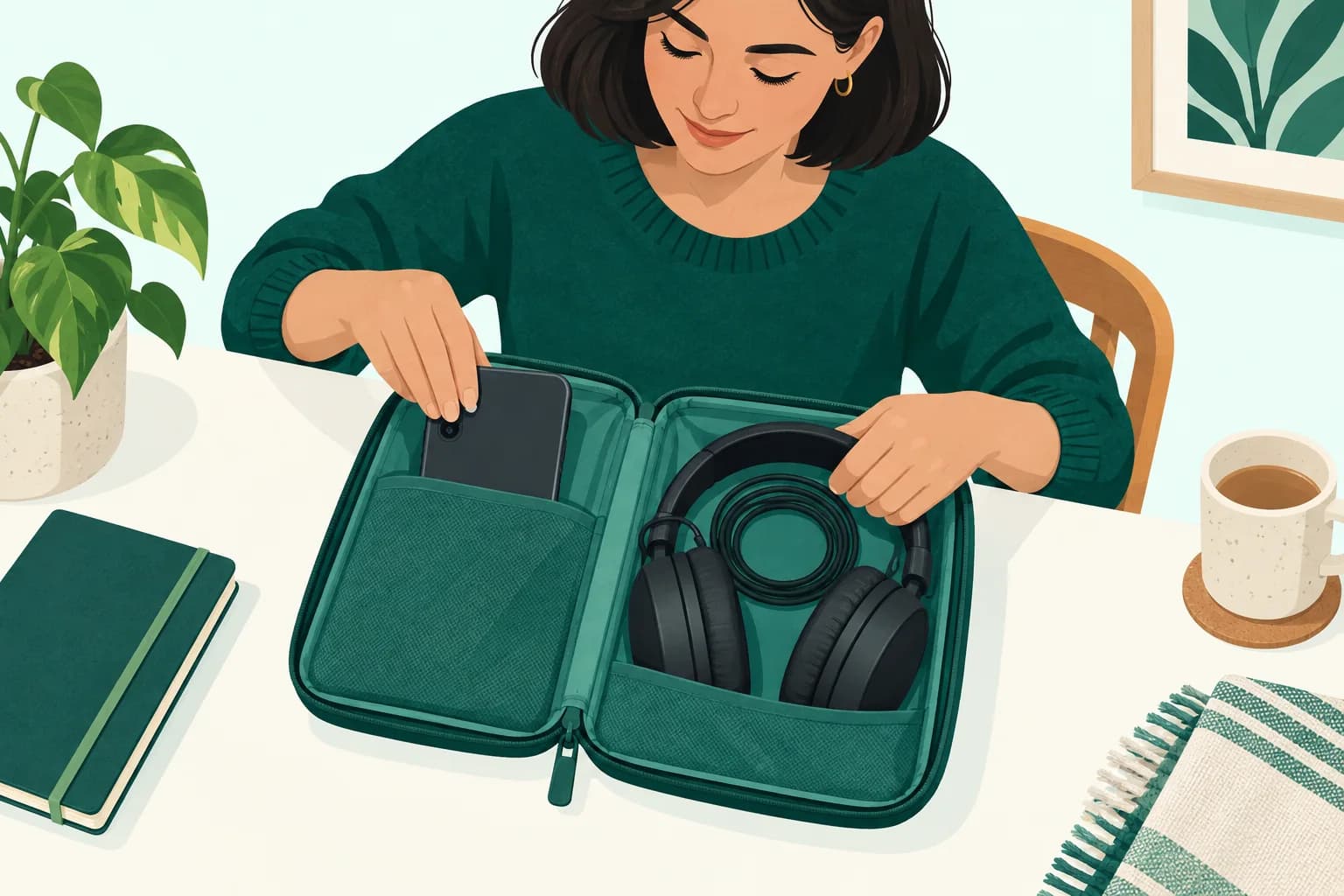 Adult hands placing a phone and a neatly coiled headphone lead into separate pouch pockets.