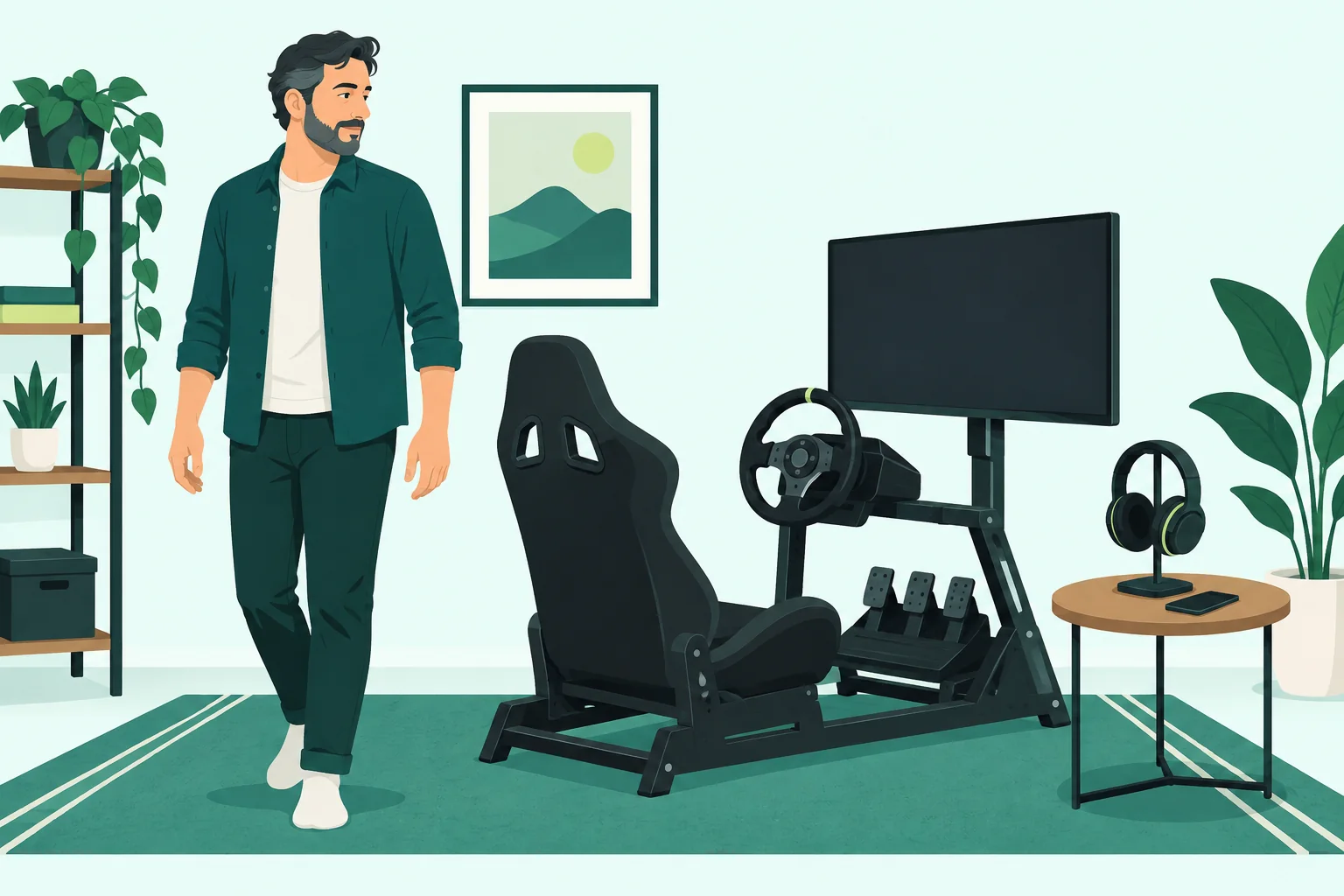 Adult player standing outside an inactive indoor racing simulator with headphones on a separate stand.