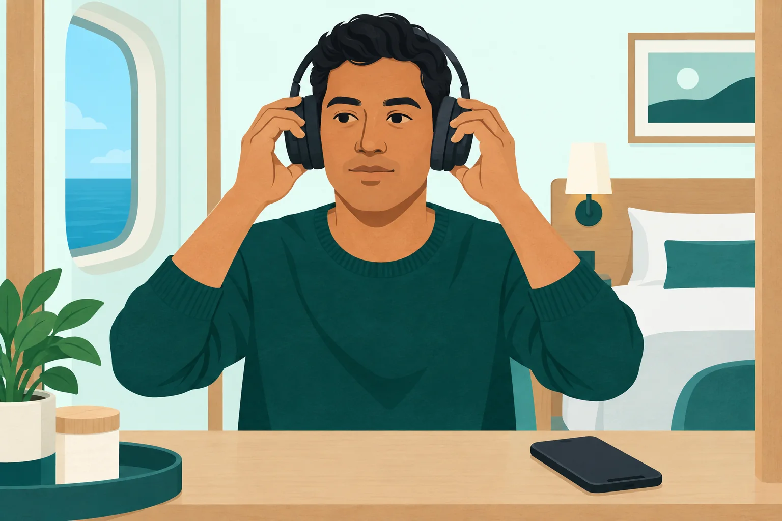 Adult seated at a plain cabin table adjusting ordinary over-ear headphones with both hands.