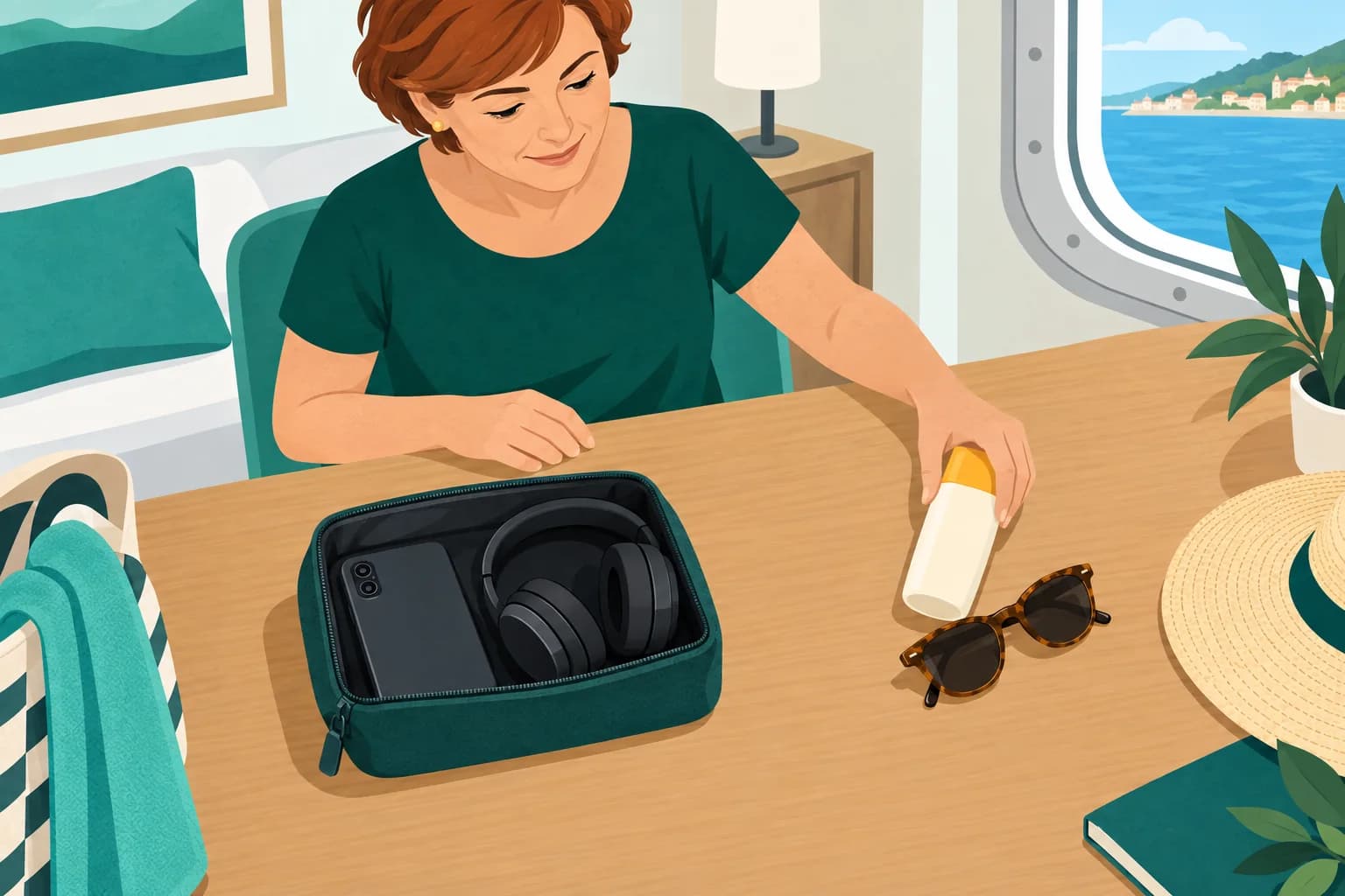 Adult at an indoor cabin table separating a phone and headphones from sunscreen and sunglasses.