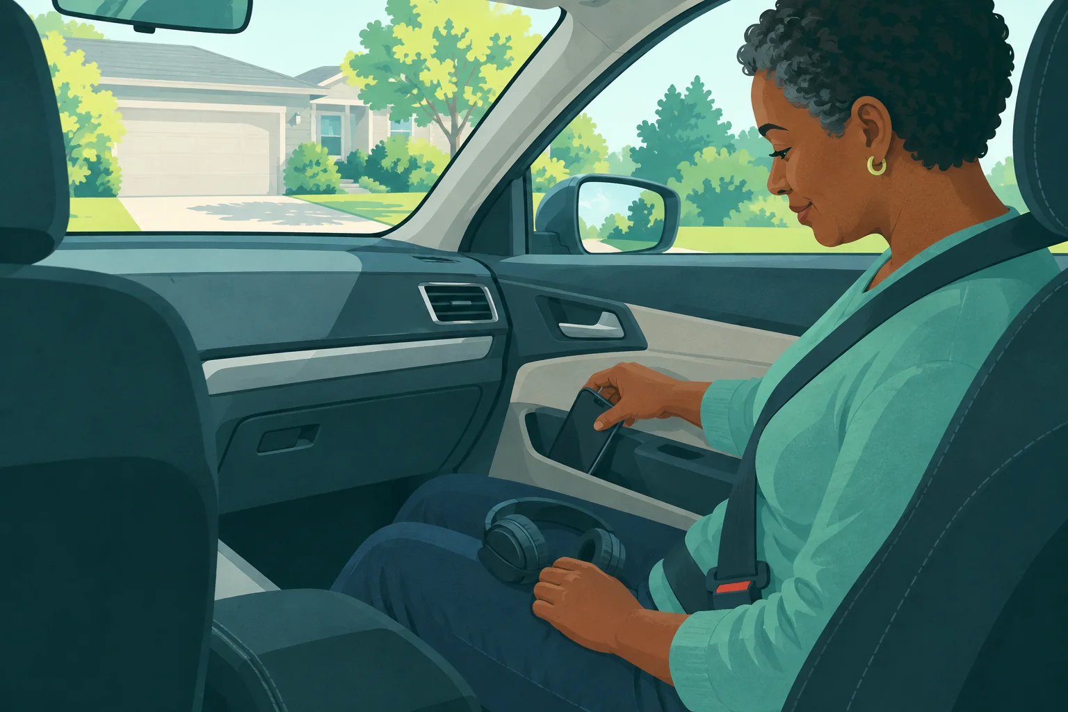 Adult passenger in a parked sedan puts a phone into a door pocket with folded headphones on their lap.