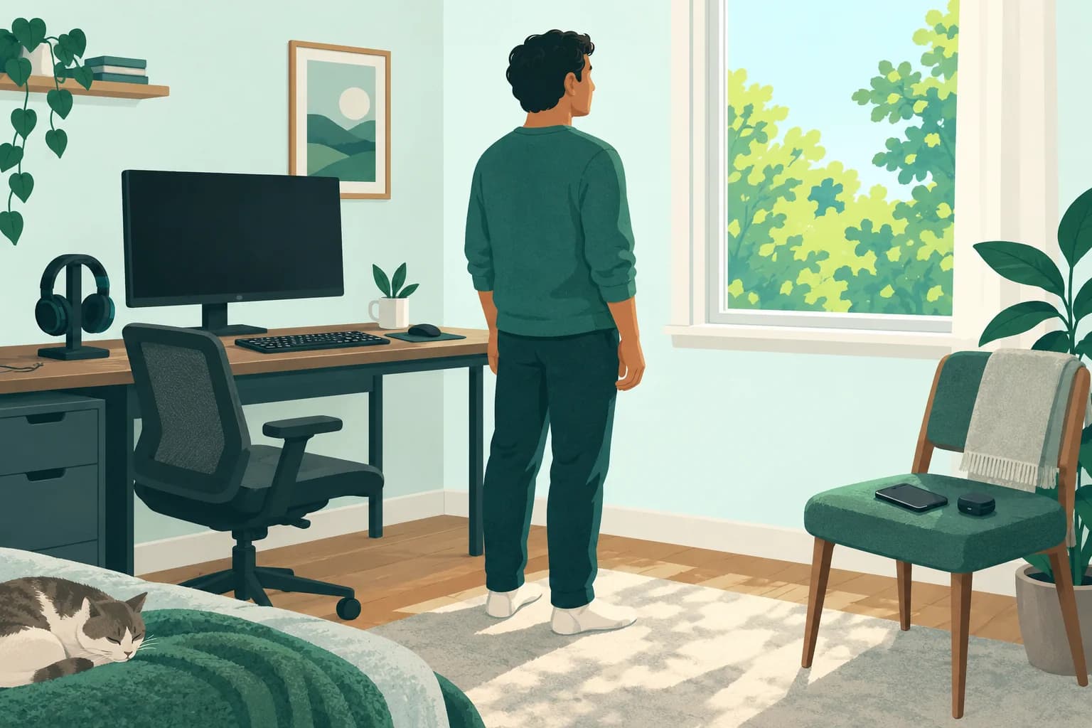 Adult player stands away from a dark monitor and looks toward a quiet window with the headset removed.