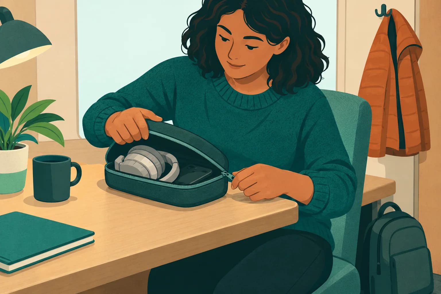 Adult at a cabin desk closes an organizer around a phone and ordinary headphones before leaving the room.