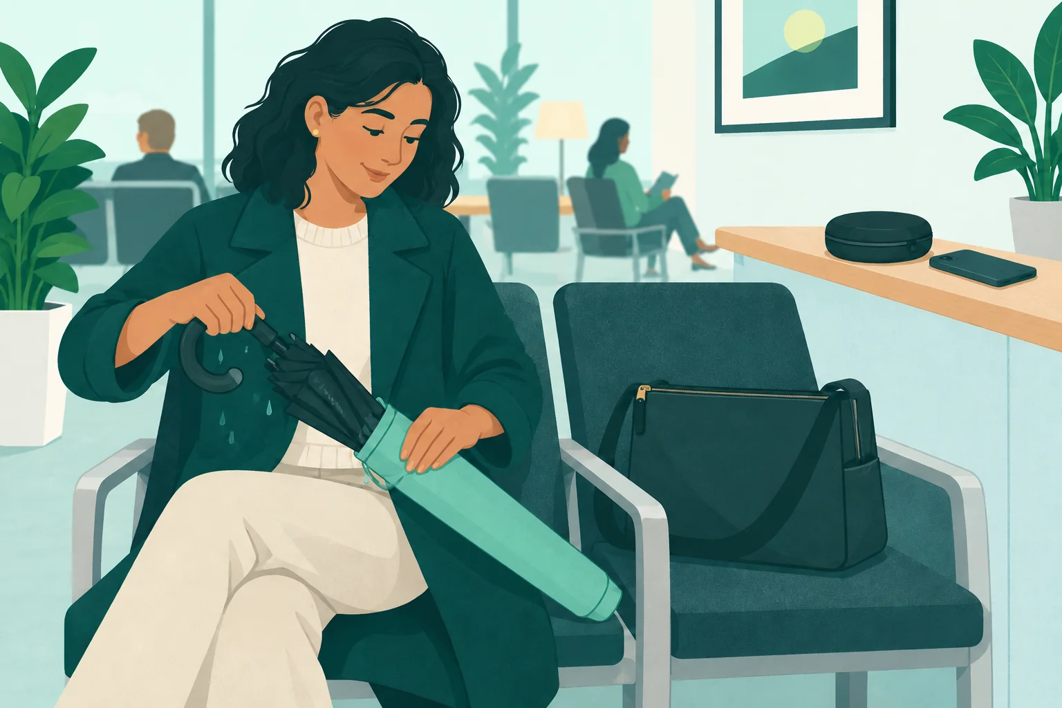 Adult traveler sleeves a closed wet umbrella separately from a dry bag and personal audio equipment.