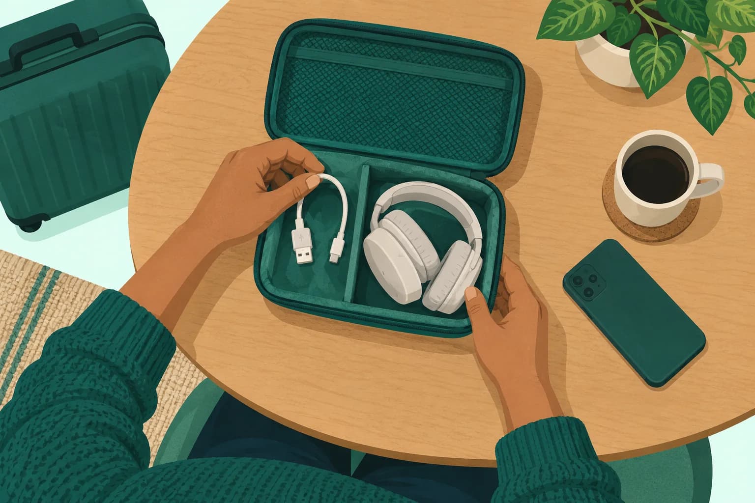 Adult at home puts one disconnected charging lead into a separate organizer compartment from folded headphones.