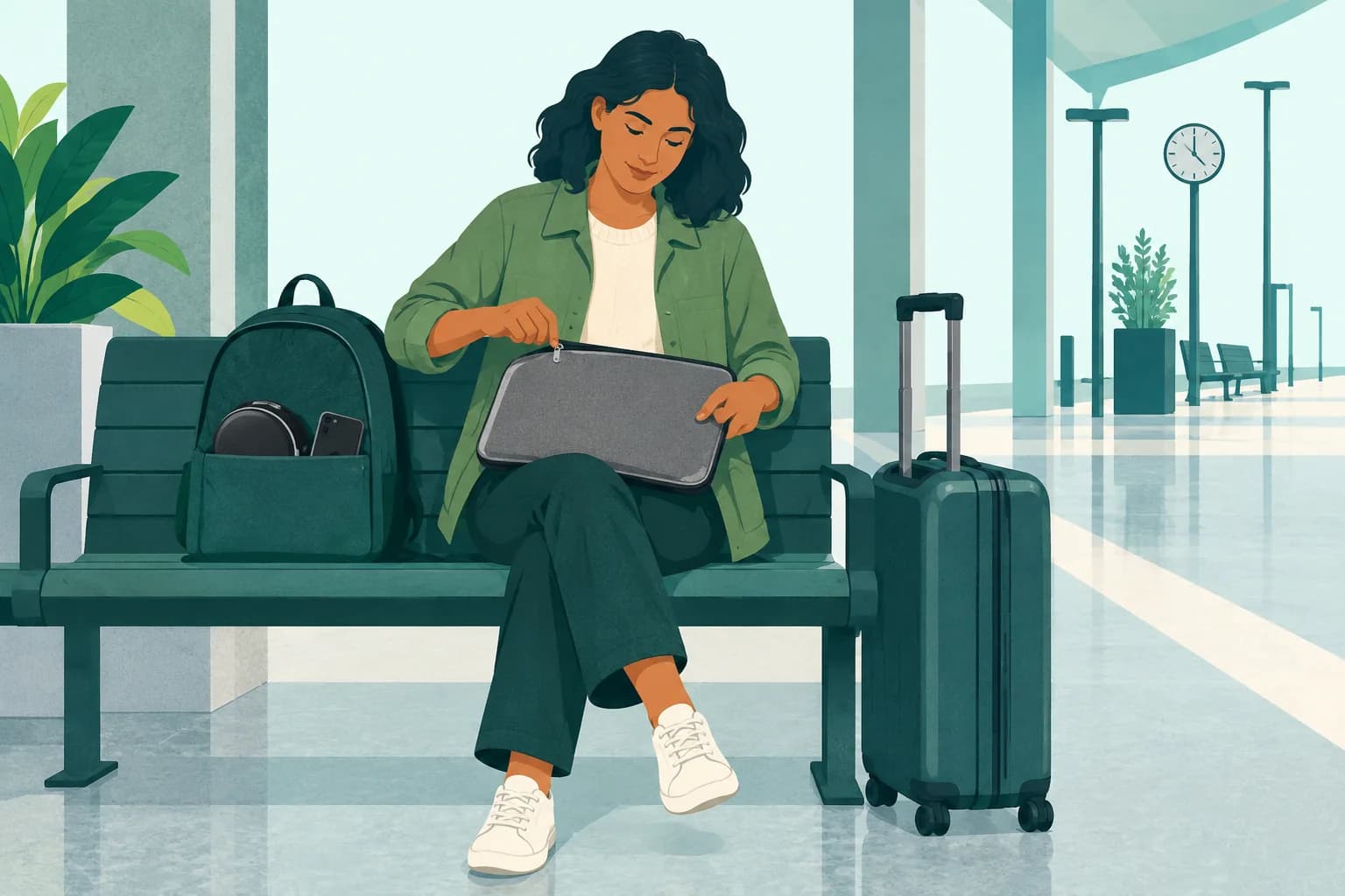 Adult rail passenger zips a laptop sleeve closed on a station bench with a headphone case in the bag's outer pocket.