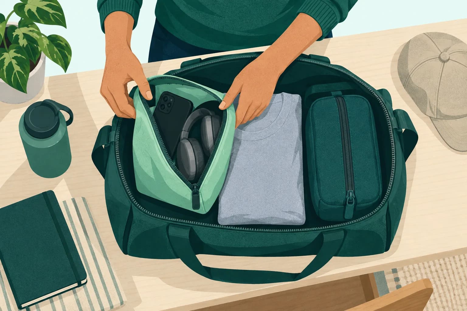 Adult packs a separate audio pouch and closed toiletry bag into different parts of an overnight bag.