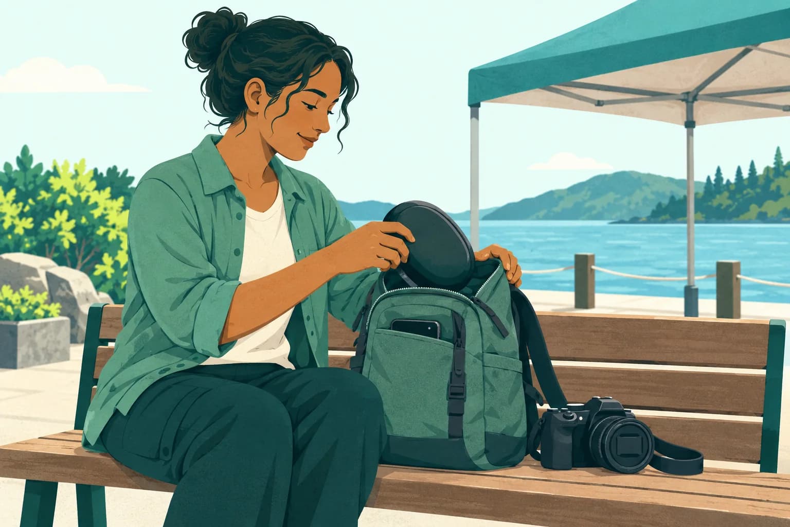 Adult onshore packs a closed headphone case beside a capped camera before a boat-tour briefing.