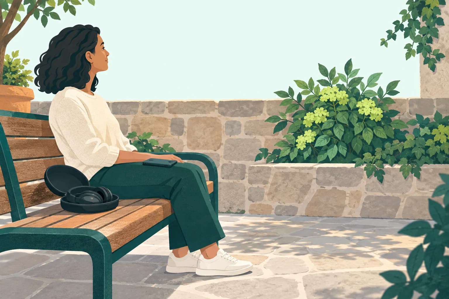 Adult visitor sits on a fixed courtyard bench facing a still garden wall with a closed phone and headphone case nearby.