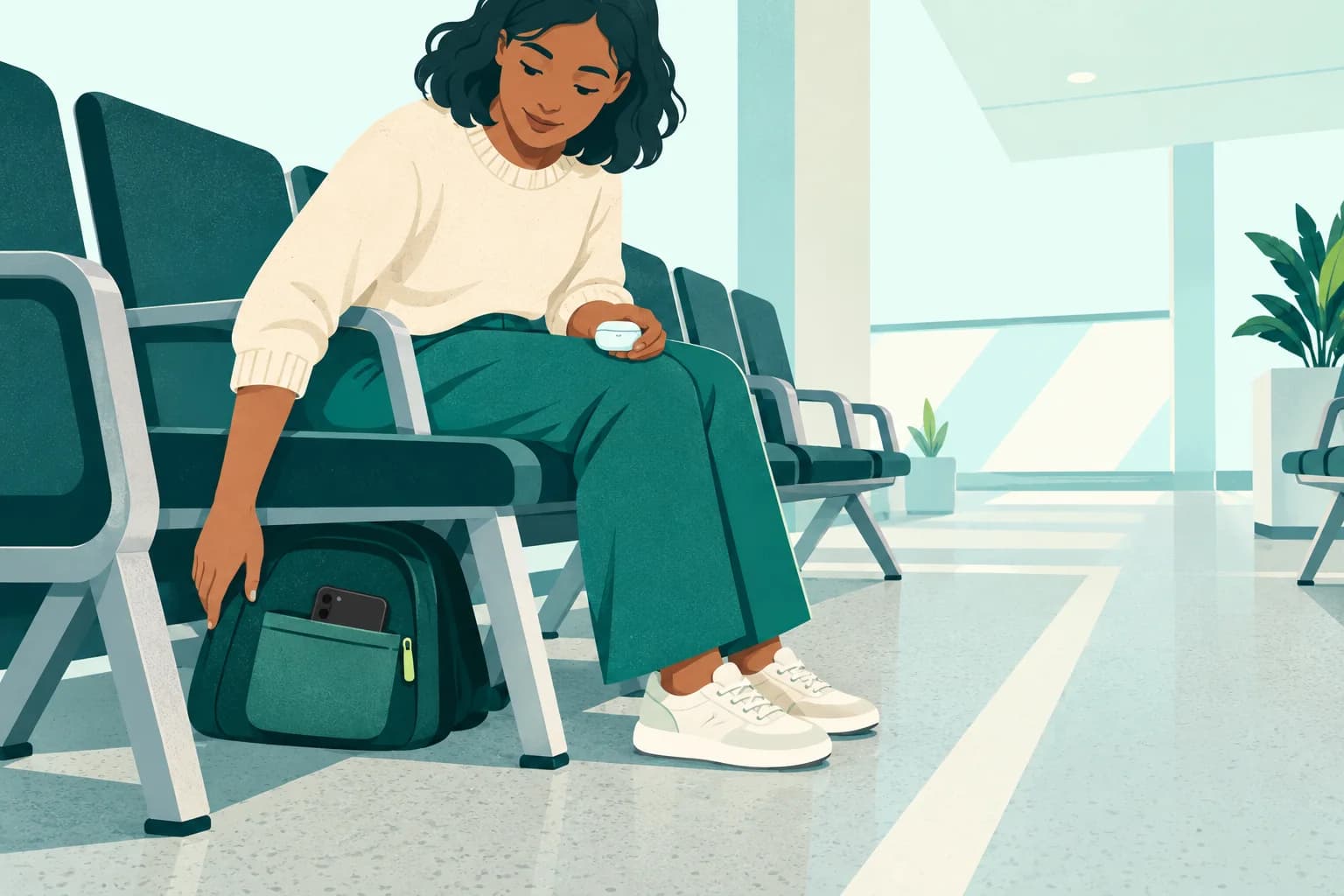 Adult visitor keeps a daybag under the seating with a closed earbud case on their lap and the aisle clear.