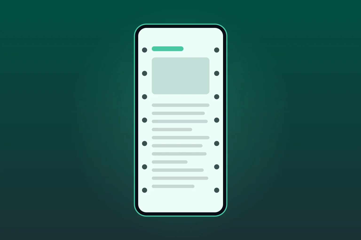 Illustration of a phone screen showing lines of text, with a column of small dots along each side edge.