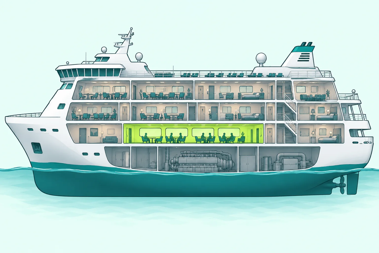 Passenger ship cutaway with a midship lounge on a lower deck above the waterline highlighted in lime.