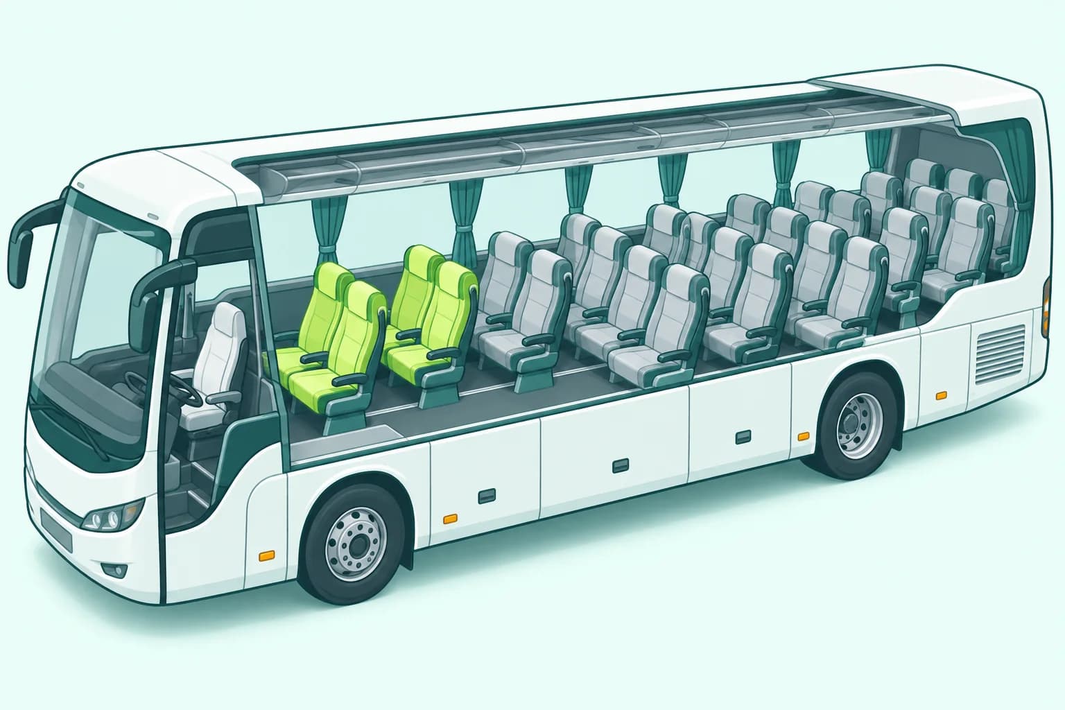 Coach cutaway with the first passenger rows behind the driver highlighted in lime.