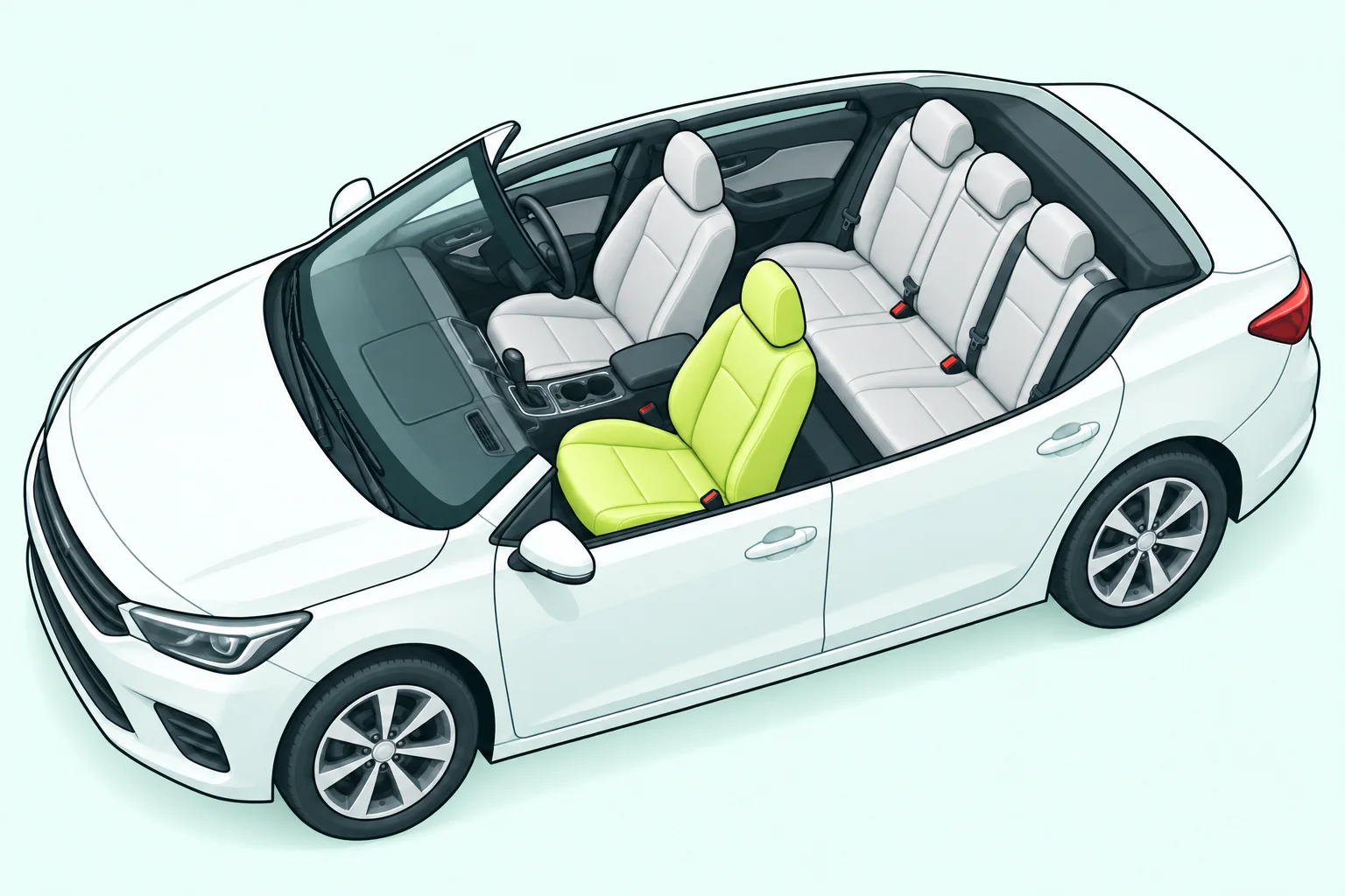 Five-seat car cutaway with the adult front passenger seat highlighted; all rear seats share one bench.