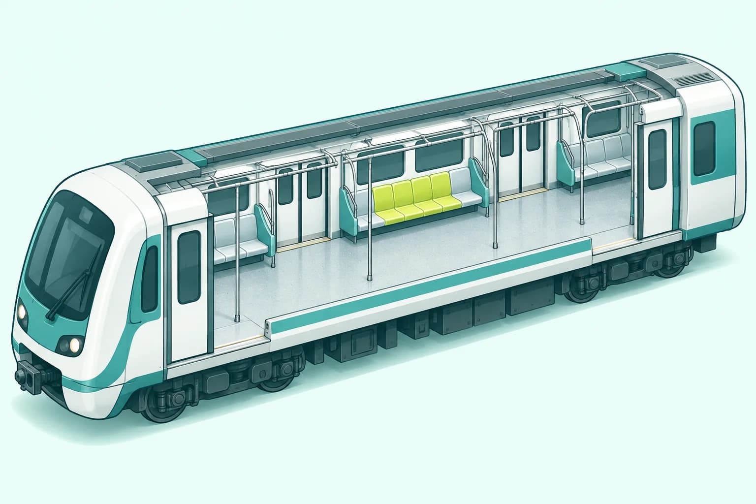 Metro carriage cutaway with a section of middle bench seating between doorways highlighted in lime.