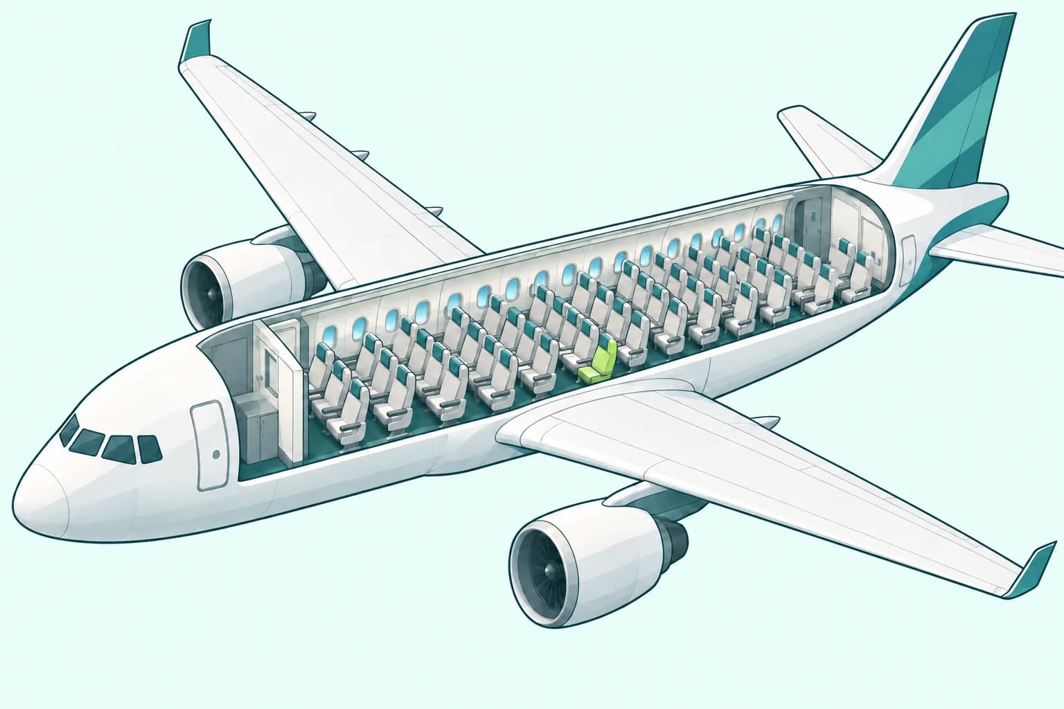 Airplane cutaway with a window seat beside the wing root highlighted in lime.